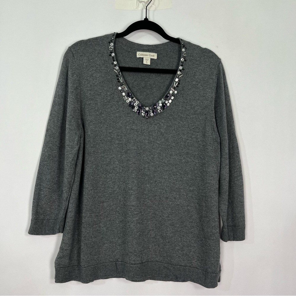 Coldwater Creek Grey 3/4 Sleeves Sweater with Stone Gems At V Neck Sz XL 16